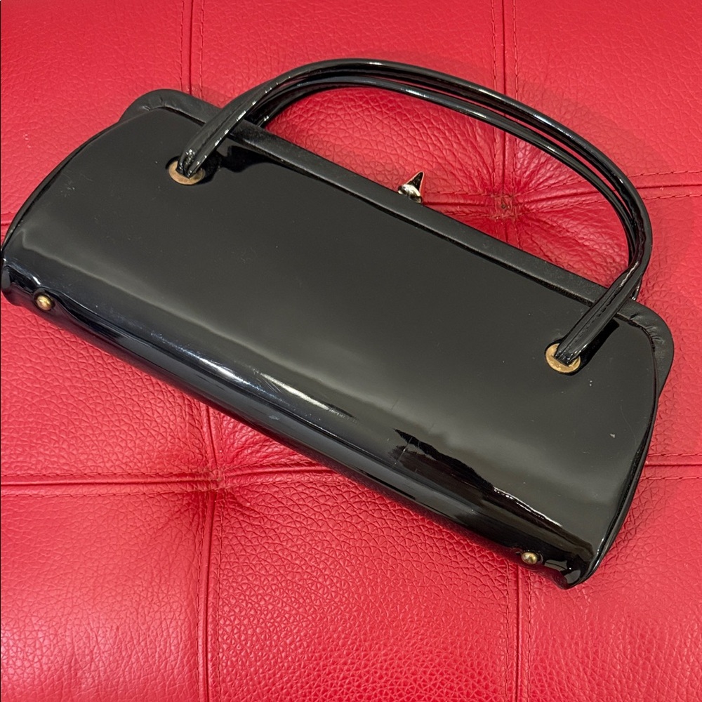 Vtg Black Patent Double Handle Women’s Long Bag